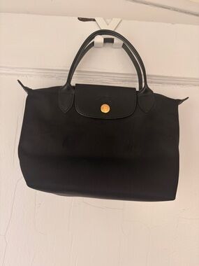Longchamp Black Nylon Small Top-Handle Tote with Gold Button